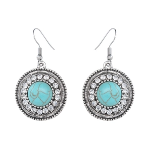 Bohemian retro turquoise earrings with vintage silver finish and white rhinestones