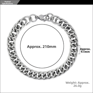 Detail of silver stainless steel Cuban link bracelet with lobster clasp and dimensions
