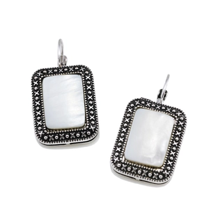 Bohemian vintage silver earrings with rectangle mother of pearl inlay and ethnic relief