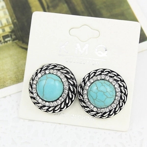 Bohemian retro turquoise drop earrings with sparkling rhinestones and silver woven frame