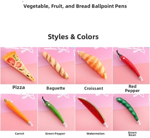 Macro display of 8 creative food-shaped ballpoint pens featuring pizza and bread designs