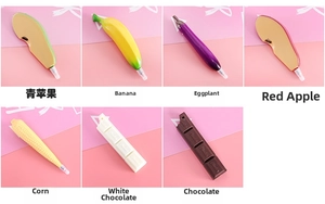 Detailed view of creative fruit and vegetable shaped ballpoint pens in various food designs