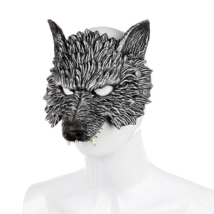 Realistic 3D silver and black wolf mask with high-density bionic fur texture and fangs