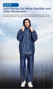 Navy blue split raincoat set with hooded jacket and pants for outdoor waterproof protection