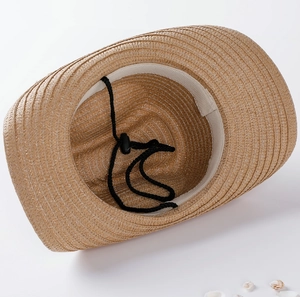 Classic British style straw sun hat in natural brown with adjustable black wind rope