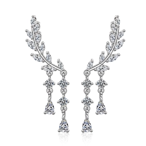 Korean Copper Leaf Wings Tassel Long Drop Earrings For Women Elegant Silver Color Rhinestone Inlaid Fashion Jewelry