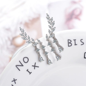 Elegant silver wing-shaped tassel earrings with zircon leaf design and water drop pendants