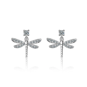 Elegant dragonfly stud earrings in silver with shimmering micro-pave diamond accents
