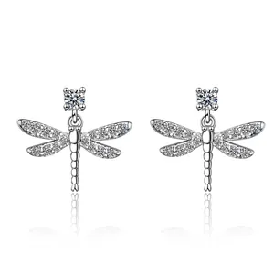 Korean Style Copper Plated White Gold Dragonfly Stud Earrings With Pave Rhinestones For Women Dainty Animal Jewelry