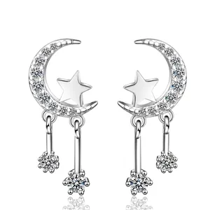 Korean Simple Copper Moon Star Rhinestone Tassel Earrings Silver Plated Asymmetric Celestial Drop Earrings For Women Jewelry