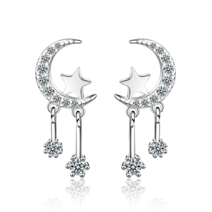 Elegant silver moon and star earrings with tassels and sparkling crystal rhinestone accents