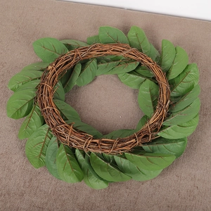 Artificial magnolia leaf spring wreath with natural woven branch base for home decor