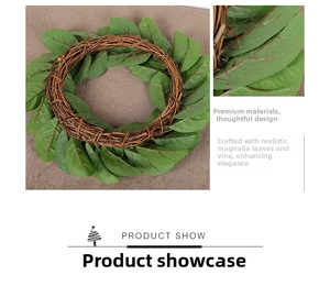 Macro shot of green magnolia leaves on a natural rattan wreath base for home decoration