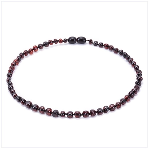 Detailed view of dark red Baltic amber beads necklace with a secure screw clasp closure