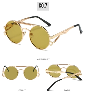 Steampunk round sunglasses with yellow lenses, gold frame and spring hinge details