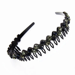 Non-slip wavy headband with sparkling blue and grey crystals on thin black frame