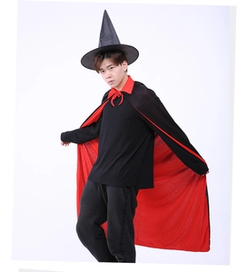Detail of red and black double-sided Halloween cloak with a black pointed wizard hat