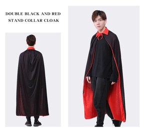 Detailed view of reversible black and red stand collar cloak for Halloween cosplay costumes