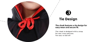Detail showing the red drawstring design on a black and red Halloween cosplay cloak