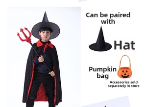 Detail of kids vampire cloak with red trident, witch hat, and pumpkin bag for Halloween