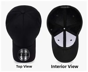 Detail view of black breathable baseball cap showing the interior mesh and top crown