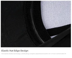 Detail of breathable mesh baseball cap featuring an elastic band without back closure