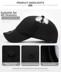 Detail view of breathable black stretch baseball cap with embroidery and mesh fabric