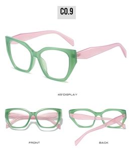 Vue détaillée des lunettes de soleil œil de chat vert translucide et branches roses