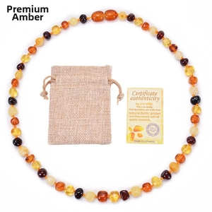 Natural Baltic amber baby necklace with multi-color beads, linen pouch and certificate