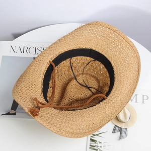 Straw cowboy hat with wide brim, hollow out design, and adjustable chin strap