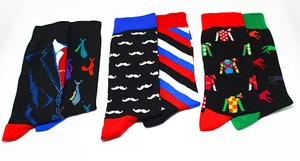 Detailed view of novelty cotton crew socks featuring unique patterns like ties and mustaches