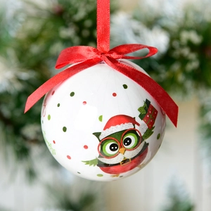 7cm white Christmas ball ornament featuring cartoon owl print and red hanging ribbon