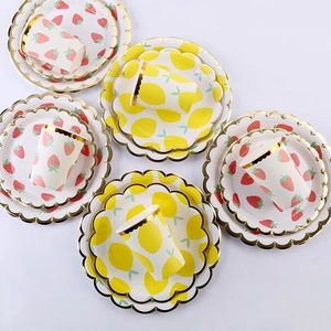 Disposable Paper Tableware Plates Cups Napkins Straws Fruit Pattern Strawberry Lemon Gold Foil Edge Birthday Party Decor