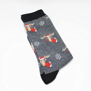 Christmas reindeer pattern mid-calf cotton socks in grey and black with snowflake design