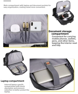 Internal compartments of the black business backpack with laptop sleeve and organizer pockets
