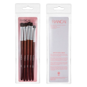 Vue avant et arrière du kit de 5 pinceaux à paupières en poils de poney avec manches en bois