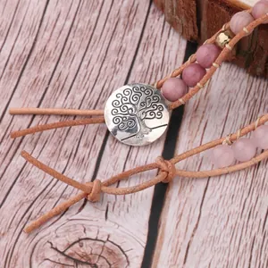 Natural rose quartz beads wrap bracelet with handmade braid and tree of life button