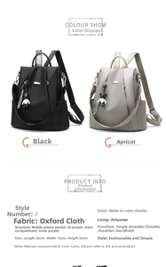 Detailed dimension chart for black and beige oxford fabric backpacks with panda charm