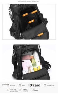 Detail view of large capacity waterproof oxford backpack with multiple interior storage pockets