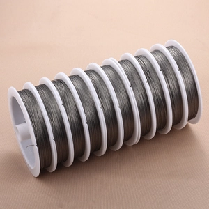 Detailed view of ten spools of gunmetal grey beading steel wire for DIY jewelry making