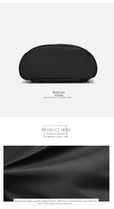 Detailed view of water-resistant oxford fabric and oval base of the black backpack