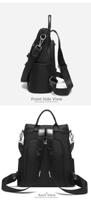 Side and back view of a black waterproof oxford nylon backpack with silver zippers