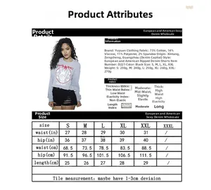 Size chart for women's distressed denim shorts with waist, hip and length measurements