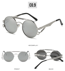 Detailed views of steampunk round sunglasses with metallic spring temples and silver gray lenses