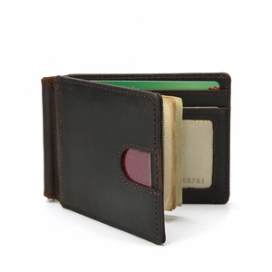 Detailed side view of dark brown crazy horse leather wallet with multiple card slots