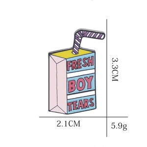 Detail view of Fresh Boy Tears drink enamel pin showing size dimensions 3.3cm by 2.1cm