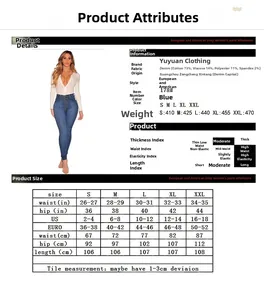 Detailed size guide and material composition chart for high-waisted skinny jeans