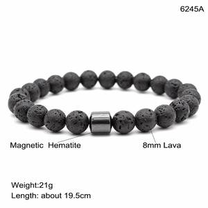 8mm black lava stone bead bracelet with magnetic hematite cylinder, 19.5cm length