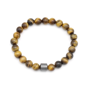 Close-up of tiger eye stone bead bracelet with a sleek square metal charm center