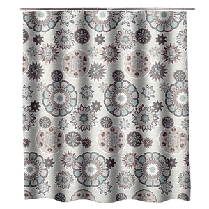 Waterproof polyester shower curtain featuring vintage brown and blue mandala floral patterns